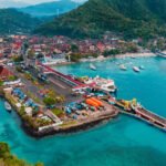 Aerial view of the Padang Bai harbor in Bali, Indonesia. Ferry coming go to Lombok