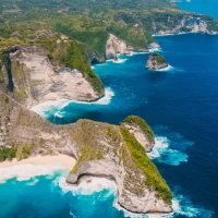 Kelingking beach on Nusa Penida Island. Aerial drone view of tropical island
