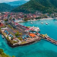 Aerial view of the Padang Bai harbor in Bali, Indonesia. Ferry coming go to Lombok